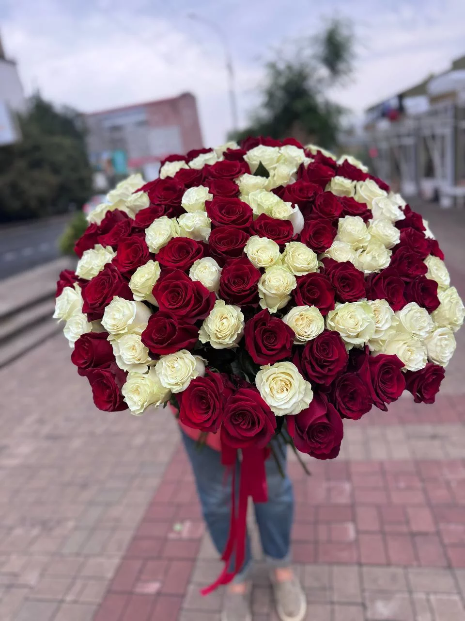 Монобукет из красных и белых роз под ленту